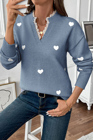 Cute Heart Print Lace Patchwork Tops