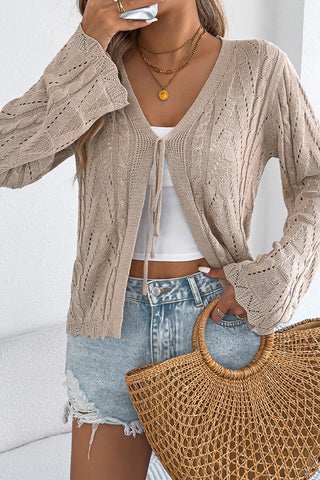Solid Color Tie Front Hollow Knitted Cardigan