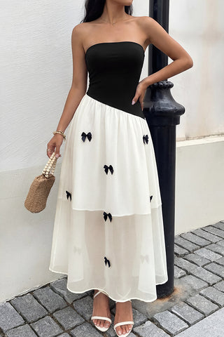 French-style Color Block Bandeau Bow Dress