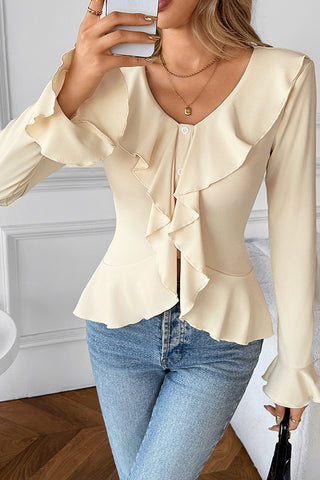 Fashion Solid Color V Neck Ruffled Tops