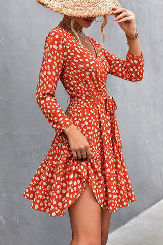Polka Dot Print V Neck Tie Waist Mini Dress