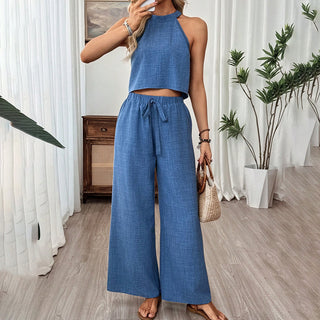 Fashion Solid Halter Neck Casual Two Piece Set