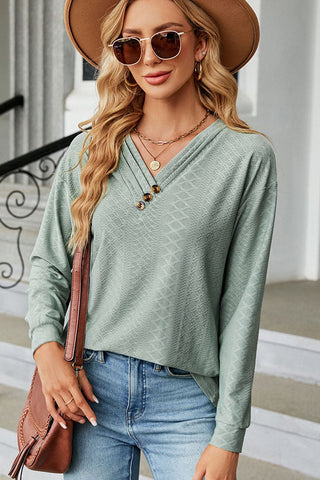 Solid Long Sleeve V Neck Button Casual Tops