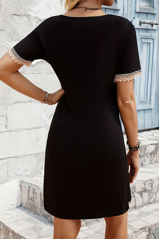 Lace Patchwork V Neck Black Dress
