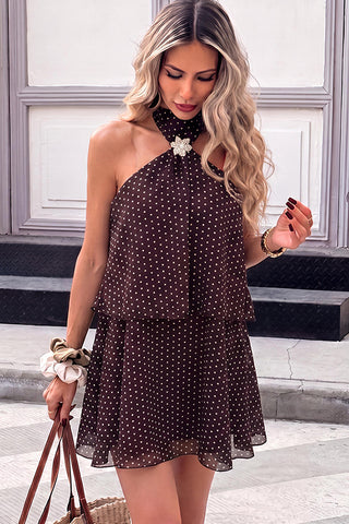 Polka Dot Print Halter Neck Layered Hem Dress