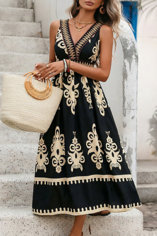 Retro Ethnic Printed V Neck Patchwork Dress