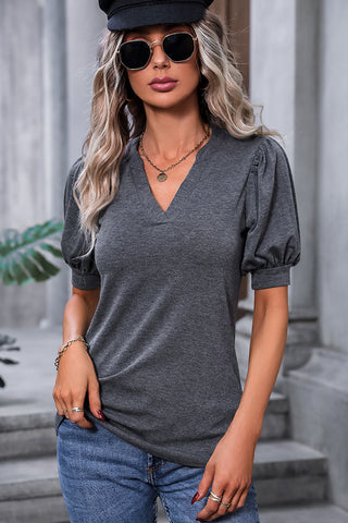 Puff Sleeve Solid Color V Neck Casual Tops