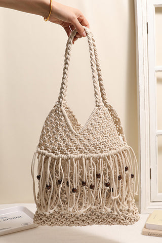 Fashion Wooden Bead Tassel Weave Bag