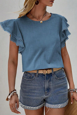 Solid Color Round Neck Ruffled Sleeves Top