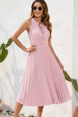Solid Color Tie Front Smocked Waist Pleated Dress