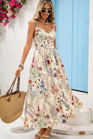 V Neck Tie Shoulder Printed Maxi Dress