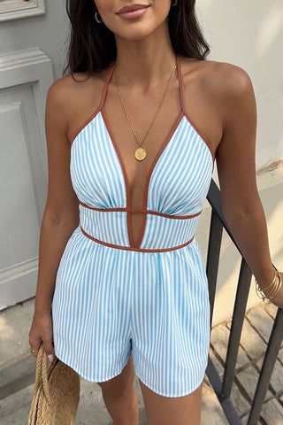 Deep V Neck Stripe Print Halter Neck Romper