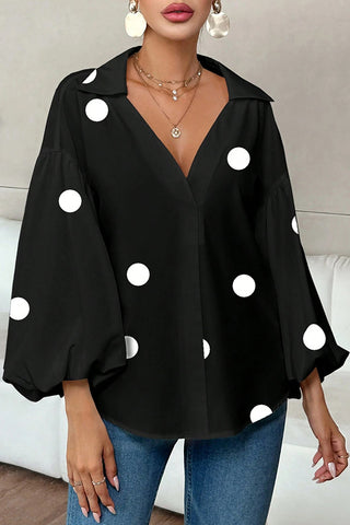 French Polka Dot Half-Open Neck Puff Sleeves Top