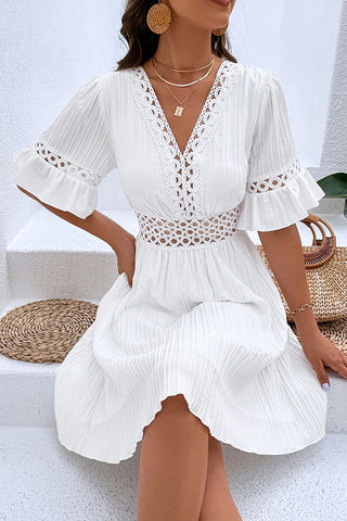 V Neck Lace Patchwork Flared Sleeves Dress
