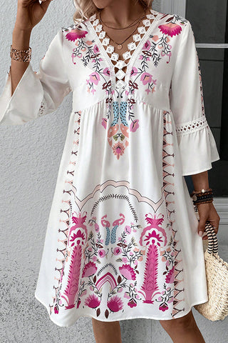 Lace Patchwork V Neck Printed Casual Dress