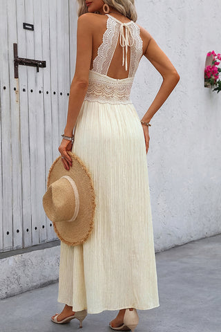 Lace Patchwork V Neck Tie Back Dress