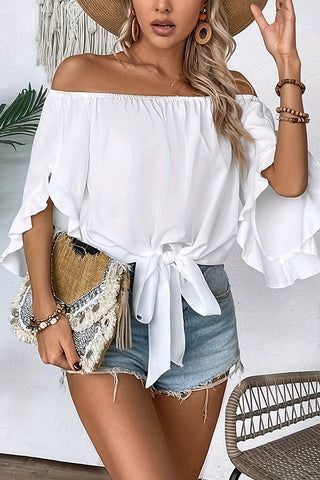 Off The Shoulder Solid Knot Front Casual Top