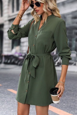 Button Solid Color Long Sleeve Casual Dress