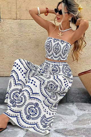 Fashion Bohemia Smocked Bandeau Casual Two Piece Set