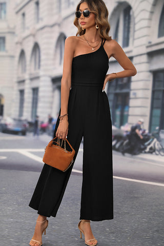 One Shoulder Pleated High Waist Casual Jumpsuit