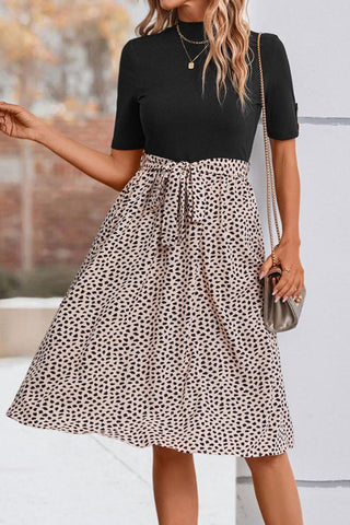 Leopard Print Patchwork Tie Waist Casual Dress