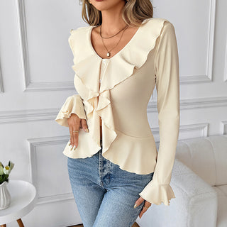 Fashion Solid Color V Neck Ruffled Tops