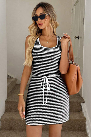 Fashion Drawstring Stripe Print Mini Dress