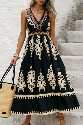 Retro Ethnic Printed V Neck Patchwork Dress