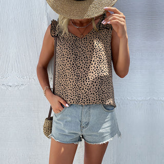 Cute V Neck Leopard Print Sleeveless Tops