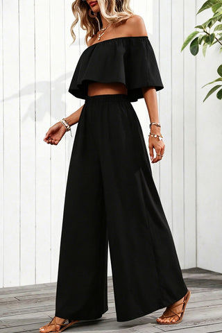 Solid Color Off The Shoulder Casual Two Piece Set