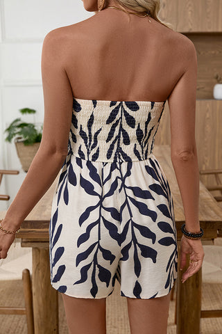 Leaf Print Smocked Bandeau Rompers