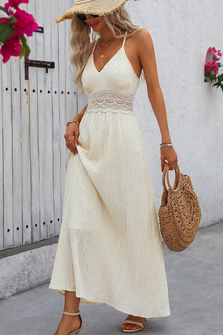 Lace Patchwork V Neck Tie Back Dress