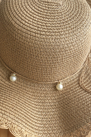Pearl Wavy Wide Brim Casual Straw Hat