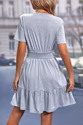 Solid Smocked V Neck Casual Mini Dress