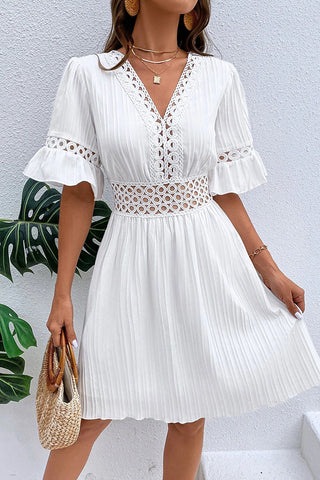 V Neck Lace Patchwork Flared Sleeves Dress