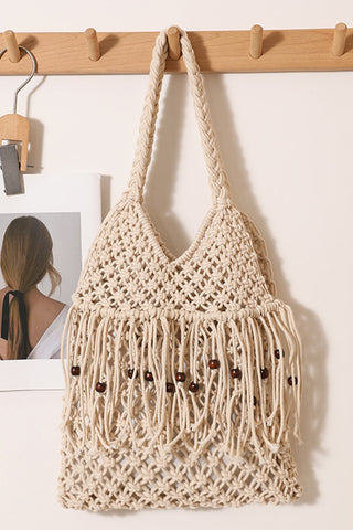 Fashion Wooden Bead Tassel Weave Bag