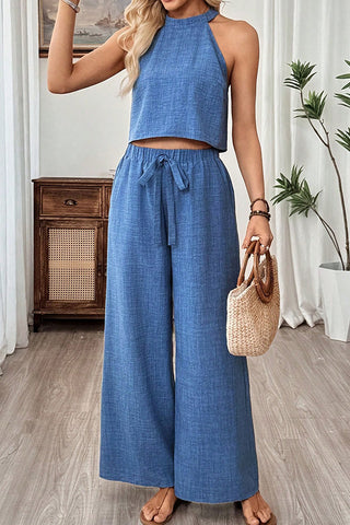Fashion Solid Halter Neck Casual Two Piece Set