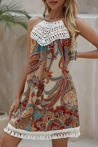 Lace Patchwork Paisley Print Halter Neck Dress