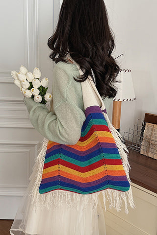 Color Stripe Design Tassel Knitted Bag