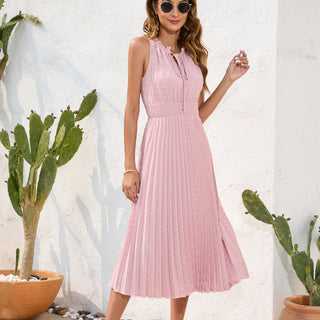 Solid Color Tie Front Smocked Waist Pleated Dress