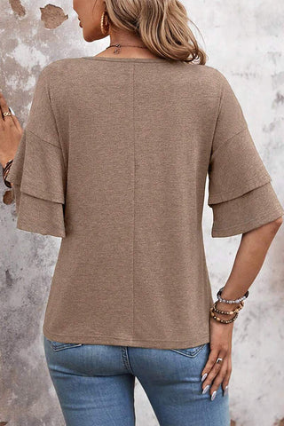 Solid Color Layered Sleeve Causal Tops