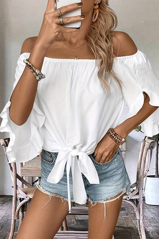 Off The Shoulder Solid Knot Front Casual Top