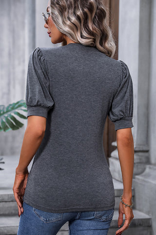 Puff Sleeve Solid Color V Neck Casual Tops