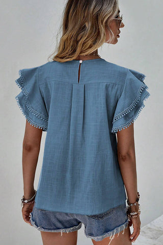 Solid Color Round Neck Ruffled Sleeves Top