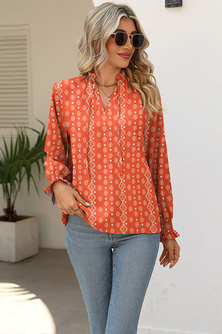 Floral Print Lace Up Long Sleeve Casual Tops