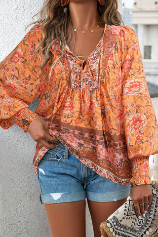 Floral Print Long Sleeve V Neck Casual Tops