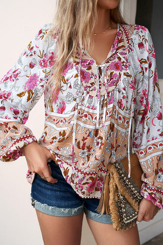 Floral Print V Neck Long Sleeve Casual Tops