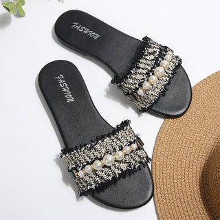 Fashion Pearl Decoration Flat Slide Sandals