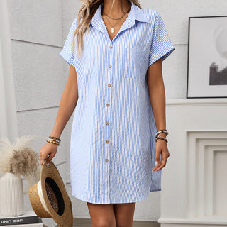 Stripe Print Lapel Short Sleeve Shirt Dress