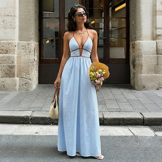 Deep V Neck Stripe Print Halter Neck Dress